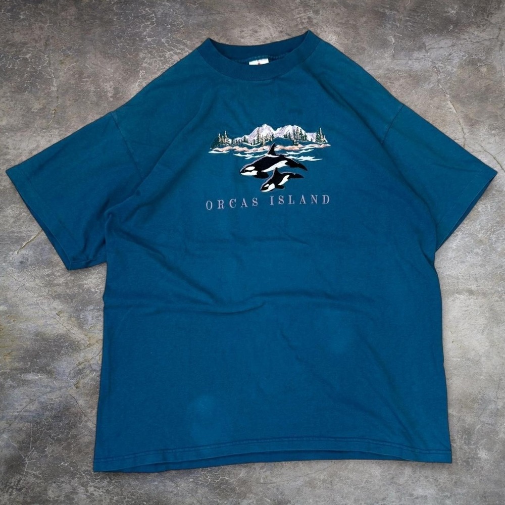 Vintage Orcas Island Blue Embroidered Tee Adult XL Ocean Nature USA Made 90s VTG